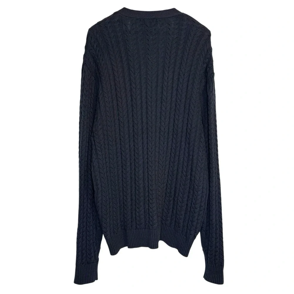 Vintage Cable Knit Fisherman Cardigan XL Jachs NY Linen Navy Blue Long V‎ Neck